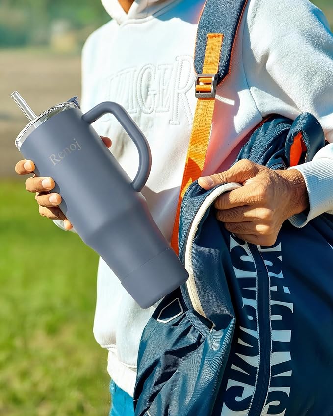 Renoj Tumbler with Handle 100% Leak Proof Insulated Water Bottle for Iced Coffee & Hot Drinks - Fits Car Cup Holder, Ideal Gift, 2 Straws & Silicone Boot BPA-Free - SnapShift Navy Blue 40 oz
