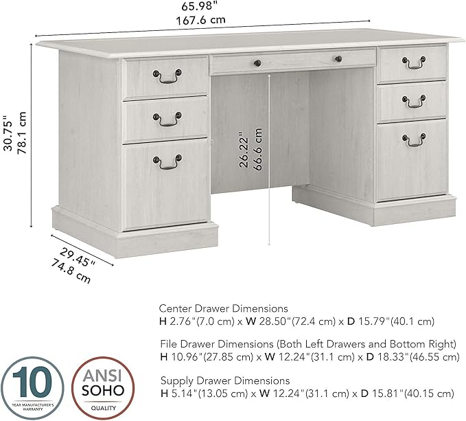 Bush Furniture Saratoga Executive Desk with Drawers, Linen White Oak