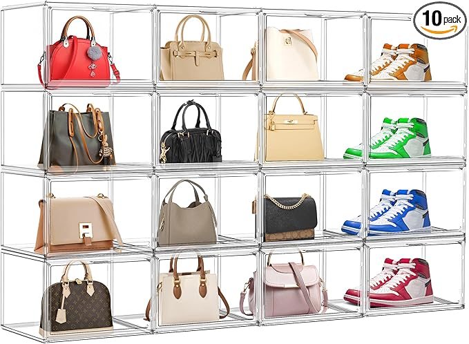 10 Pack Acrylic Shoe Boxes, Sneaker Display Case Size 14, Clear Shoe Organizer Stackable Plastic Stackable Storage Box Handbag Purse Organizer Shoes with Magenetic Lid
