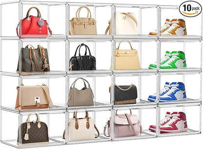 10 Pack Acrylic Shoe Boxes, Sneaker Display Case Size 14, Clear Shoe Organizer Stackable Plastic Stackable Storage Box Handbag Purse Organizer Shoes with Magenetic Lid