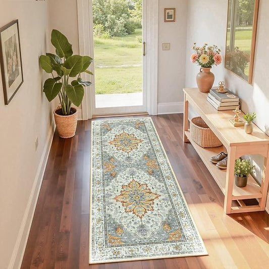 RELEANY Area Rugs Runner 2'x6' Washable Non-Slip, Floral Vintage Distress Medallion Carpet for Kitchen Hallway Bedroom Beside Laundry Room Bathroom, Beige Carbon Grey Orange