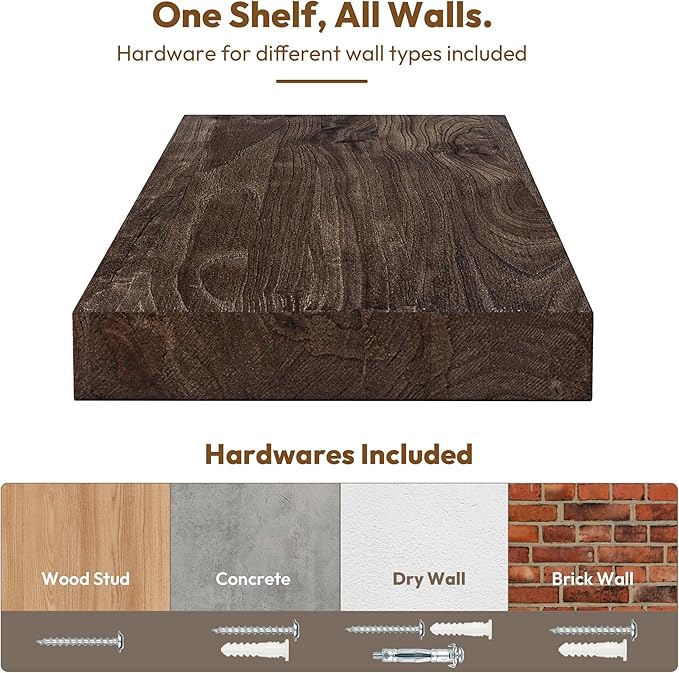 Vivelove Elm Wood Floating Shelves, Wooden Shelves For Wall With Invisible Bracket For Living Room Bedroom Bathroom Office Book, Rustic Farmhouse Decor Storage & Display, 55 Inch Set Of 1- Dark Walnut
