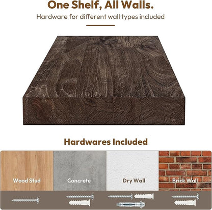 Vivelove Floating Shelves for Wall Solid Elm Wood, 24 Inches Long Rustic Wall Shelf with Invisible Bracket for Living Room Bedroom Bathroom Office Book, Farmhouse Wall Decor, Set of 2 - Dark Walnut