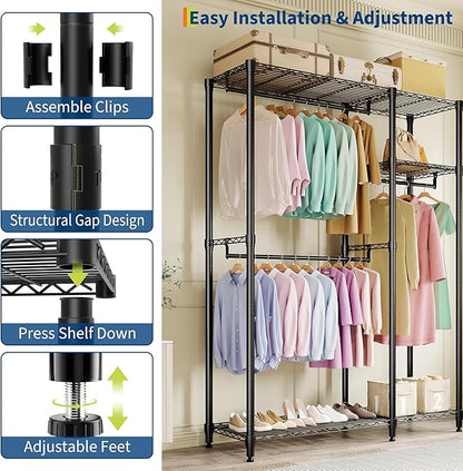 Heavy Duty Clothes Rack, 3-Tier Clothing Rack with Shelves, Freestanding Closet Organizer and Storage System with Hanger Rods for Bedroom & Laundry Room, Metal Garment Racks, Black