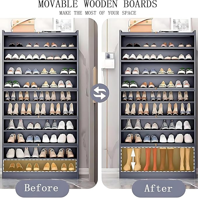 Tall Bamboo Shoe Cabinet with Doors, 10-Tier Shoe Rack for Closet, Freestanding Shoe Storage Cabinet for Hallway Living Room (Grey-05)