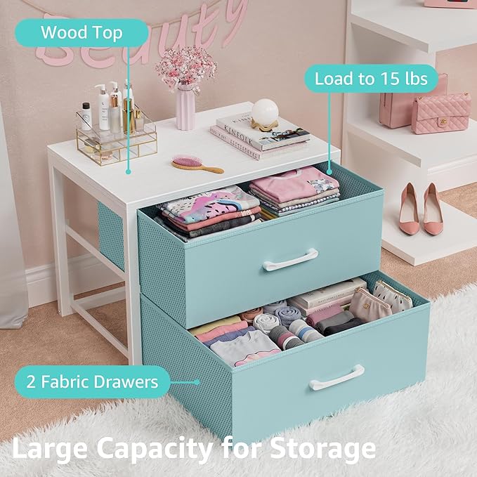 BOLUO Stackable Storage Drawers Closet Organizers and Storage Fabric Blue 2 Drawer Dresser for Bedroom 2 Packs Modern