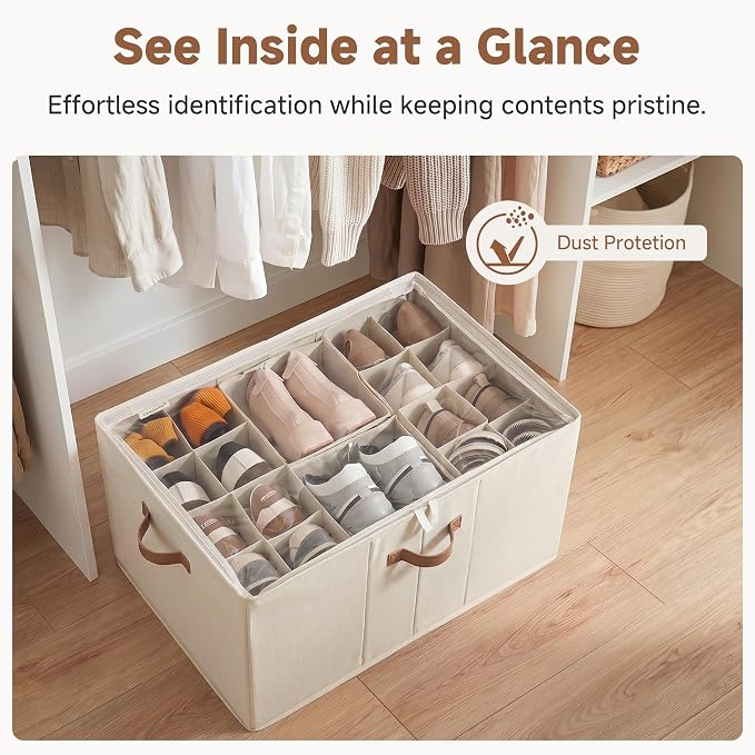 StorageWorks Shoe Organizer for Closet, Fits up to 24 Pairs, Shoe Cubby Storage Containers with Adjustable Dividers and Clear Cover, Beige