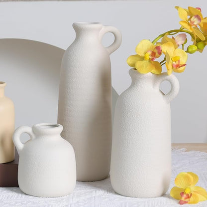 Ceramic Vase Set of 3 with Handle, White Modern Farmhouse Vases for Pampas Grass & Dried Flowers, Flower Vase for Table Living Room Home Decor