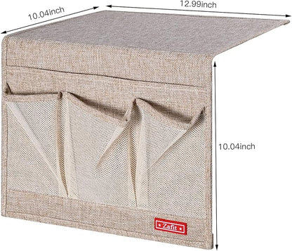 Zafit Linen 4 Pockets Bedside Caddy, Bedside Storage Organizer for Magazine, Remotes, Phone (Beige, Classic 4 Pockets)