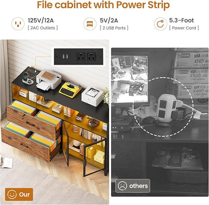 SEDETA 59" File Cabinet, 2 Drawers Filing Cabinets for Home Office fit Legal/Letter/A4 File, File Cabinet with Lock & Power Outlets, Printer Stand with Storage & LED Lights, Rustic Brown