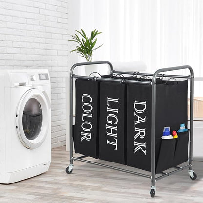 STORAGE MANIAC 3 Section Laundry Sorter, 35.9 Gal (136 L) Laundry Hamper Cart with Heavy Duty Rolling Lockable Wheel and Removable Bag, Clothes Organizer Basket Clothes Separator Hamper, Label Black