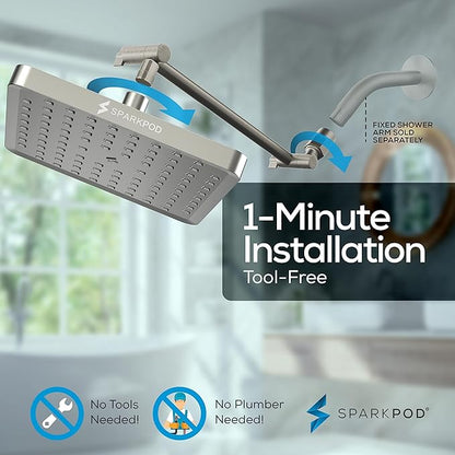 SparkPod Square Rain Shower Head with Shower Head Extension Arm - High Pressure Rain - Luxury Modern Look - No Hassle Tool-less 1-Min Installation (11" Shower Arm Extension, Elegant Brushed Nickel)