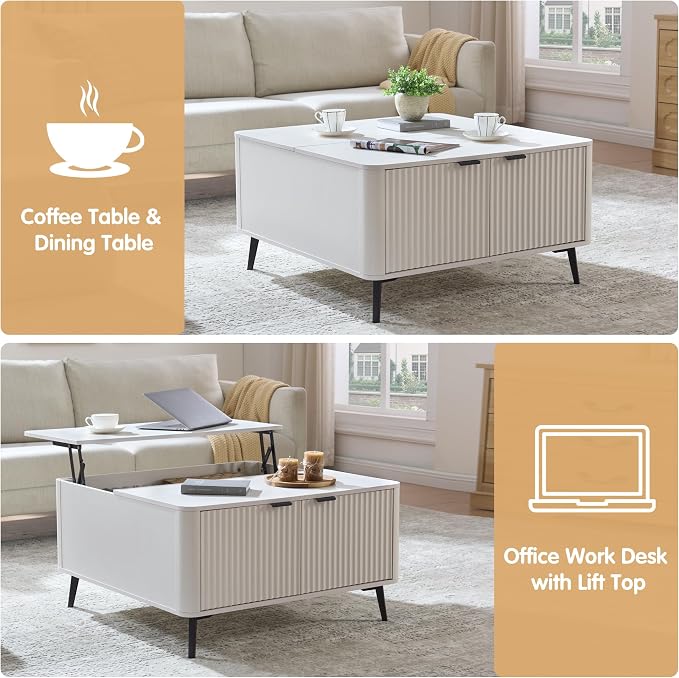 Fatmok Large Lift Top Coffee Table with Hidden Compartment, 35.4" Wide Oversized Square Coffee Table with Storage, Mid Century Modern Fluted Center Table for Home Living Room, White