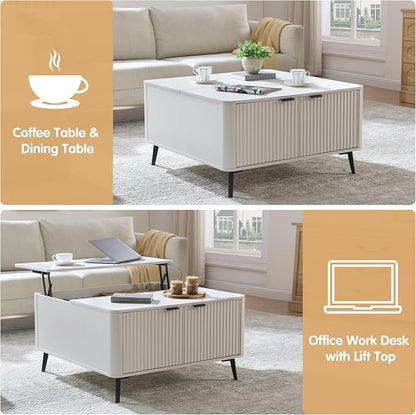 Fatmok Large Lift Top Coffee Table with Hidden Compartment, 35.4" Wide Oversized Square Coffee Table with Storage, Mid Century Modern Fluted Center Table for Home Living Room, White