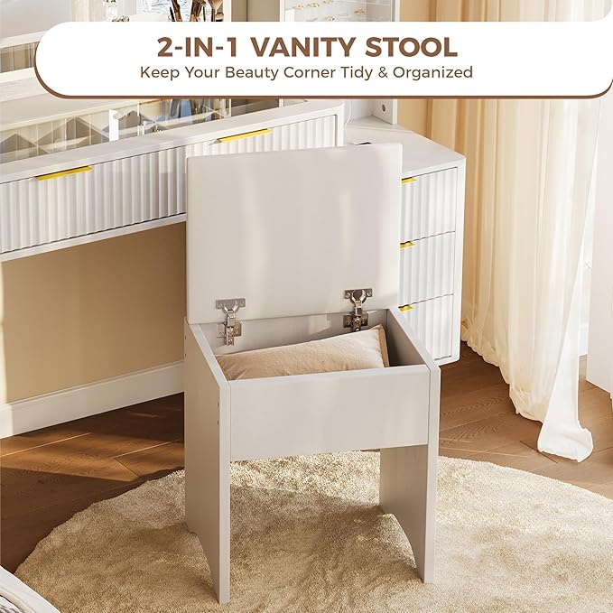 Garvee Vanity Desk with Lighted Mirror, Makeup Vanity with Charging Station, Glass Top Dressing Table with Cushioned Storage Stool for Bedroom, White