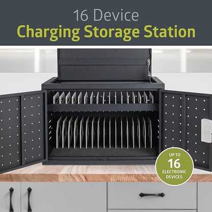 Pearington 16 Device Portable Table Top Charging and Storage Cabinet for iPads, Chromebooks and Laptop Computers, Up to 17-inch Screen Size, Bonus Shelf, Side Handles, Locking Front Door, Cable Clips