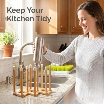 Bamboo Retractable Bottle Drying Rack Cup Dish Drying Racks,Sports Water Bottle and Mug Drainer Stand, Plastic Bag Dryer Rack and Multifunctional Drying Rack for Kitchen Countertop