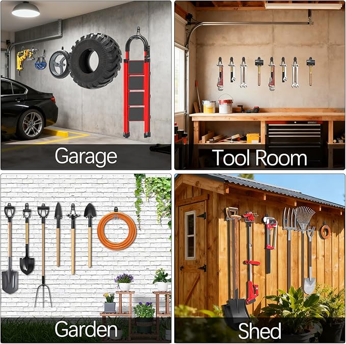 3-H Garage Wall Hooks 14 Pack,Garage Hooks Heavy Duty with Extra Welding Spots,Wall Mount Storage Organizer for Hanging Garden Lawn Tools,Ladder,Bike,WeedEater,Chair,Shovel,Blower(Grey)