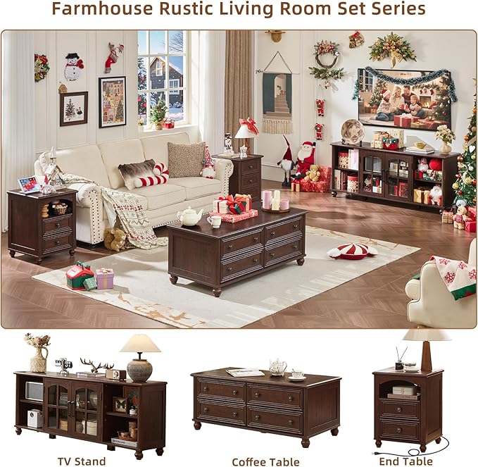 48" Farmhouse Coffee Table with Hidden Storage,Wooden Coffee Tables with 4 Drawers & Roman Column Handle,Rectangular Rustic Center Table with Solid Wood Curved Base for Living Room,Office,Walnut