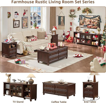 48" Farmhouse Coffee Table with Hidden Storage,Wooden Coffee Tables with 4 Drawers & Roman Column Handle,Rectangular Rustic Center Table with Solid Wood Curved Base for Living Room,Office,Walnut