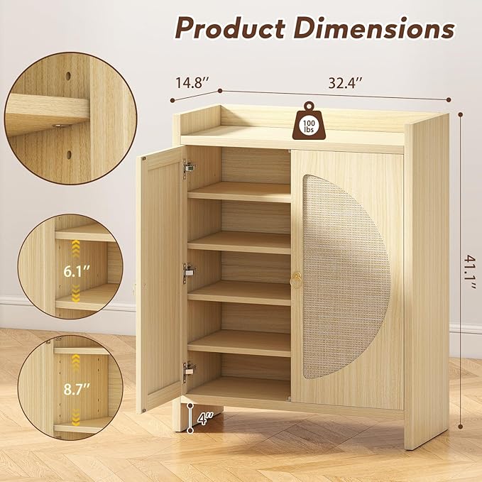 Shoe Cabinet Storage for Entryway - Rattan Entry Way Shoe Storage Cabinet with Adjustable Shelves, Wood Shoe Organizer Cabinet, Accent Cabinet with Doors for Entrance Hallway Living Room Foyer