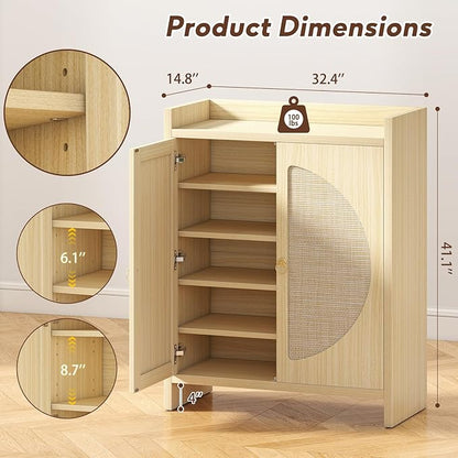 Shoe Cabinet Storage for Entryway - Rattan Entry Way Shoe Storage Cabinet with Adjustable Shelves, Wood Shoe Organizer Cabinet, Accent Cabinet with Doors for Entrance Hallway Living Room Foyer