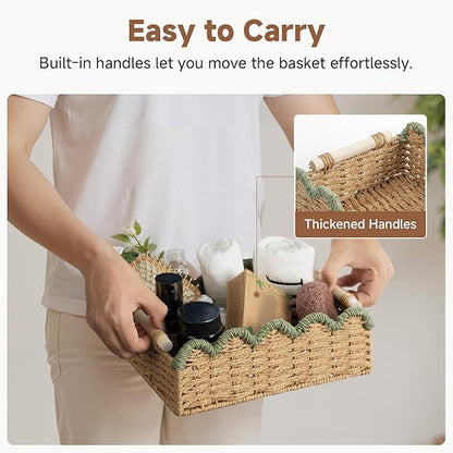 StorageWorks Toilet Paper Storage Basket, Living Room Organizers and Storage, Toilet Paper Basket with Wooden Handles, Small Paper Rope Scalloped Basket, Green