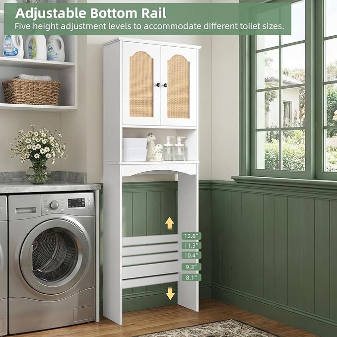 Over The Toilet Storage Cabinet, Above Toilet Organizer with 2 Rattan Doors, Modern White Finish, 24x70 inch Space Saving Freestanding Bathroom Cabinet