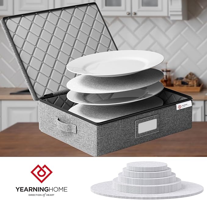 YearningHome Platter Storage Case,Hard Shell Fine China Storage Containers with Sturdy Handle and Zipper,Large Capacity with Felt Dividers for Plate,Moving and Seasonal Storage,2 Pack,Grey