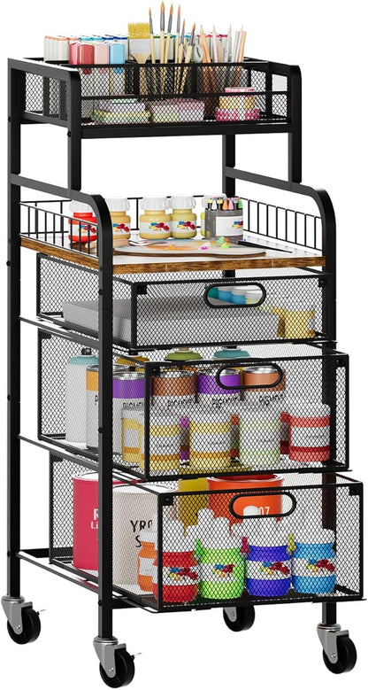 SWTYMIKI Rolling Cart with Drawers - Metal Craft Cart with Wheels, DIY Divider and Wood Shelf, Art Supply Organizer Craft Organizer and Storage, Utility Storage Cart for Home Office Studio, Espresso