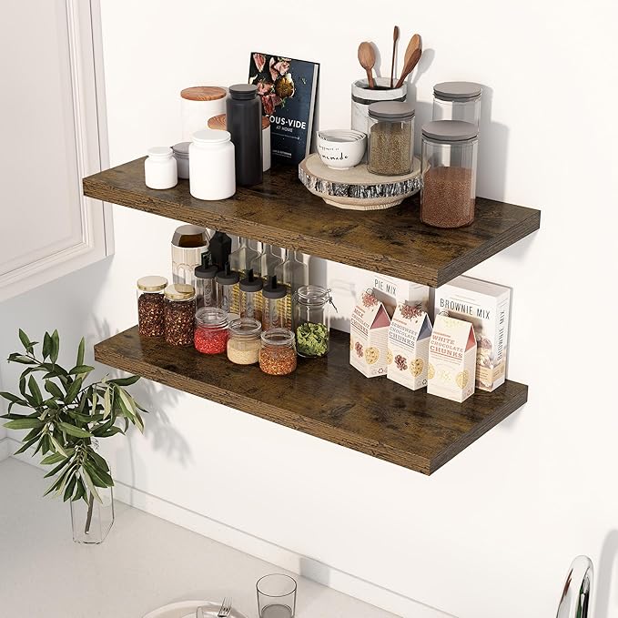 Dreamland 30" Floating Shelves for Wall, 12" Deep Slim Rustic Brown Floating Shelves, Wall-Mounted Shelves for Bedroom, Living Room, Kitchen, Bathroom - Set of 2