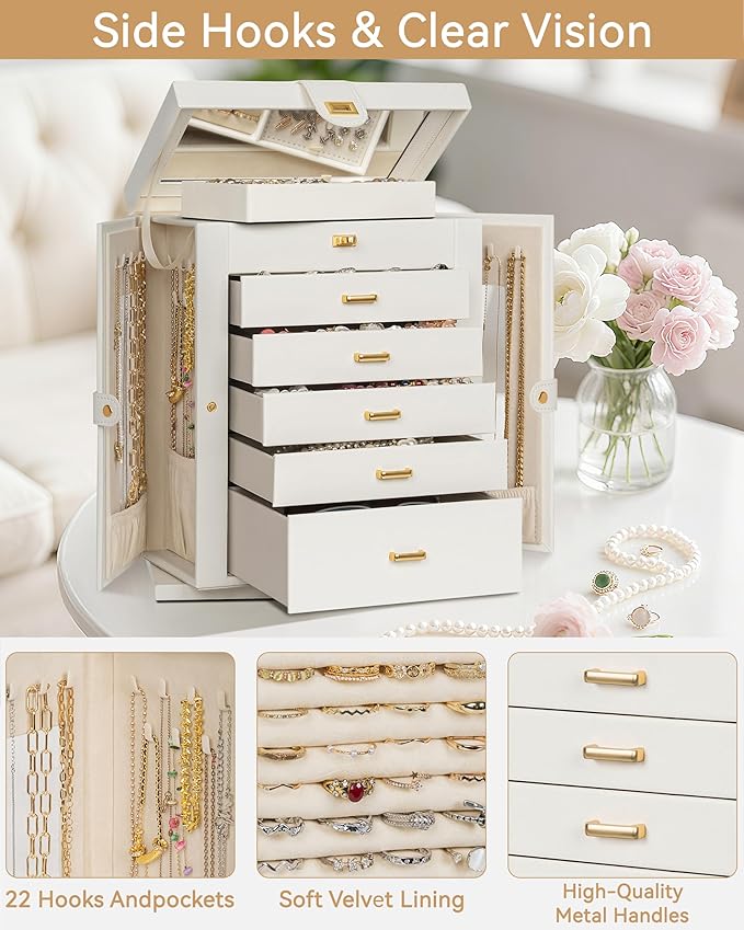 AKOZLIN Jewelry Box 6-Tier Organizer Functional 360° Rotating Jewelry Storage Case for Women Girls Ring Necklace Earring Bracelet Holder with Mirror