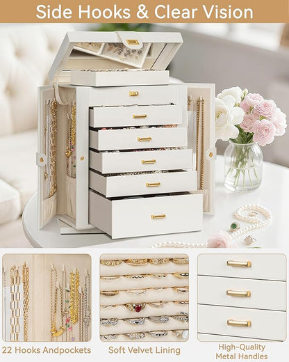 AKOZLIN Jewelry Box 6-Tier Organizer Functional 360° Rotating Jewelry Storage Case for Women Girls Ring Necklace Earring Bracelet Holder with Mirror