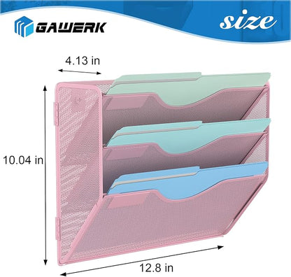 Gawerk 3 Tier Hanging Wall File Organizer, Mesh Mail Paper Orgnization Hanging File Folder Holder for Home Office, Pink
