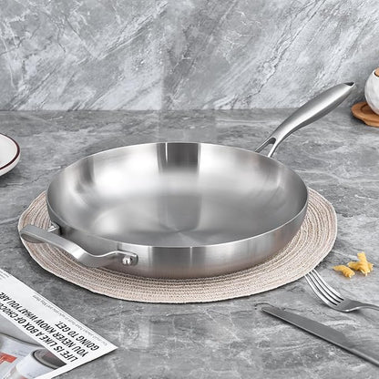 LOLYKITCH 12 Inch Tri-ply Stainless Steel Frying Pan with Lid and Helper Handle,Skillet,Induction Cooking Pan,Dishwasher and Oven Safe,Detachable Handle.