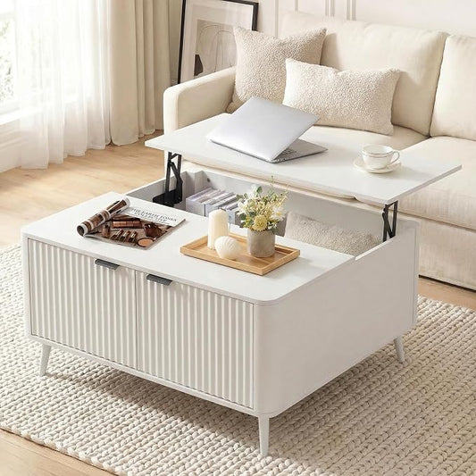 Fatmok Large Lift Top Coffee Table with Hidden Compartment, 35.4" Wide Oversized Square Coffee Table with Storage, Mid Century Modern Fluted Center Table for Home Living Room, White