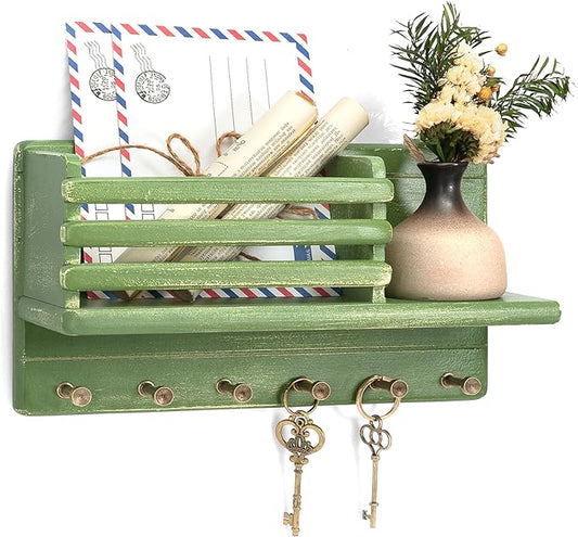 Rebee Vision Pine Wood Key Holder Wall Mount for Room Decor– 6 Hooks for Umbrella & Hats - Wooden Key Holder for Wall with Mail Slot Can Store Letters and Postcard (Green)
