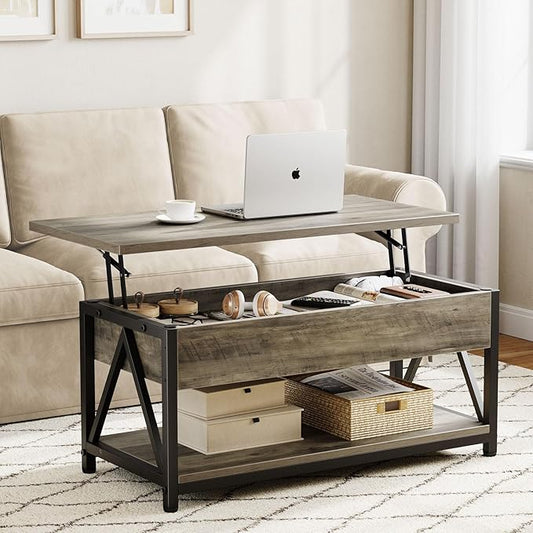 Memobarco Lift Top Coffee Table,Lift Coffee Table with Storage Shelf and Large Hidden Compartment for Living Room,Lifting top Coffee Tables for Small Space,Grey