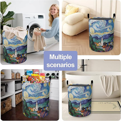Retro Watercolor Village Laundry Basket-Large Foldable Hamper Holder Portable Tall Collapsible Laundry Hamper Storage Basket Bin with Handles, Canvas & Waterproof lining for Household Items