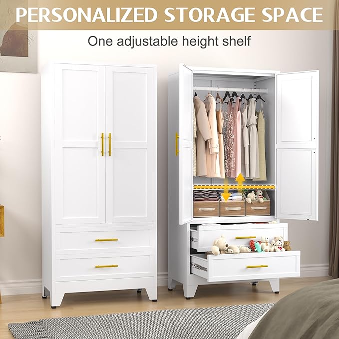 Metal Wardrobe Cabinet with Hanging Rod, 71" Metal Clothing Storage Cabinets with 2 Door, 1 Adjustable Shelf and 2 Drawers, Steel Armoire Wardrobe Closet for Bedroom, Gym, Cloak Room (White)