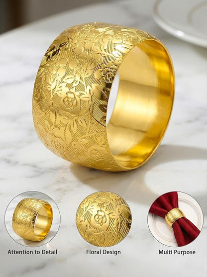 Gold Napkin Rings Set of 12,Gold Metal Napkin Holder for Table,Embossed Floral Pattern,Metal Serviette Rings for Dining Table Setting, Holiday Parties, Banquets & Gift Idea (12PCS)