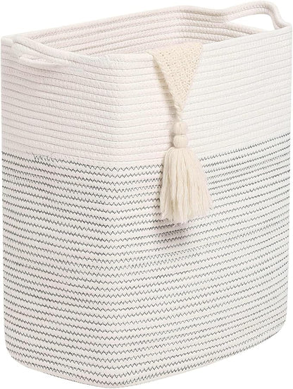 Tall Laundry Basket With Handles,Woven Cotton Rope Big Laundry Hamper Sorters,Versatile Storage for Dirty Clothes,Baby Toys,and Blankets in Bathroom, Nursery,and Living Room (White/Black Line, 68L)