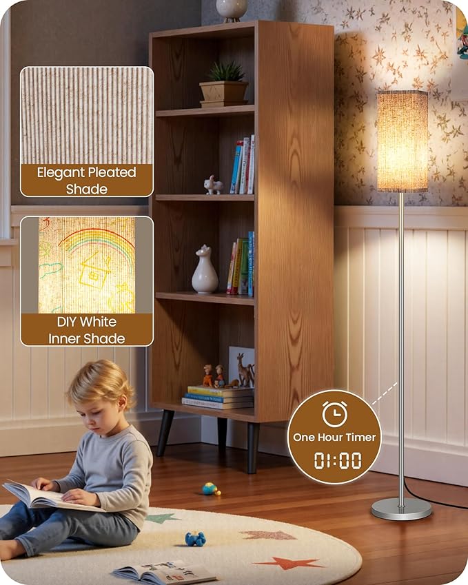 64.2” Dimmable Floor Lamp for Living Room with Remote and Foot Switch, Corner Floor Lamp for Bedroom, Includes 10W A19 Bulb, Modern Standing Tall Lamp, ETL Listed Silver and Beige SE17LD05