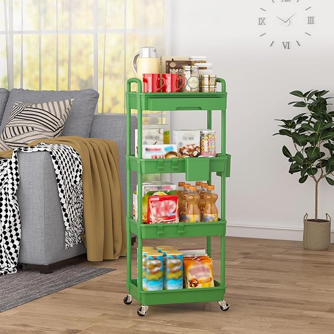 LLMRR 4 Tier Rolling Utility Cart with Drawer, Plastic Storage Organizer Rolling Carts with Wheels Handles Hanging Cups Hooks for Office, Bathroom, Kitchen,Craft Art Room (Green)