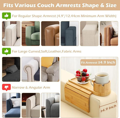 Couch Cup Holder Tray, 15.75" Bamboo Cup Holder for Couch, 3 in 1 Foldable Arm Chair Clip on Side Tray Table for Remote Snack Table on Armrest