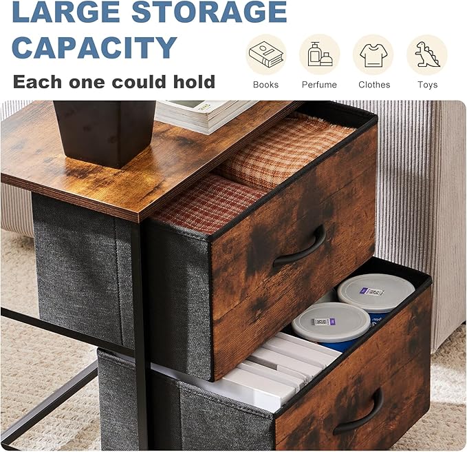 DUMOS Nightstand Small Dresser with 2 Fabric Drawers Side Tables Bedroom End Table Kids Bedside Storage Furniture for 20 inch Tall Night Stand for Closet, Entryway, College Dorm, Rustic Brown 2 Pack