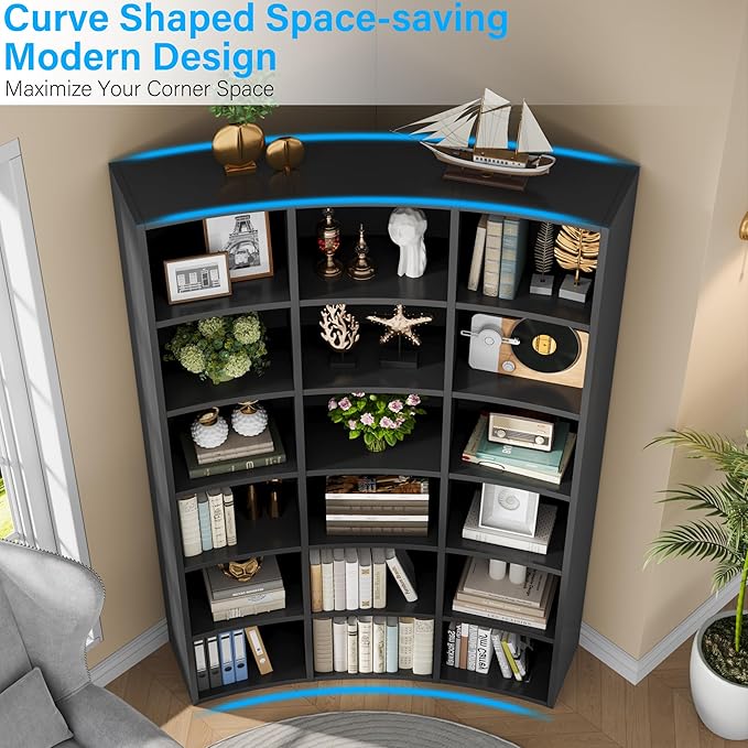 Semoic 71" Curved Bookshelf,Triple Width 6 Tier Bookcase with Storage Cabinet,Modern Tall Bookshelf with 18 Open Display Shelves, Floor Standing Book Shelf for Living Room,Black