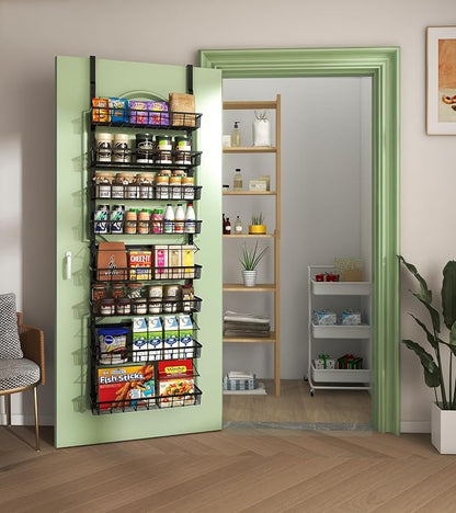 Mefirt Over The Door Pantry Organizer, Wall Mount Spice Rack, Pantry Hanging Storage and Organization, 8 Adjustable Baskets Heavy-Duty Metal for Home & Kitchen, Back of Door Seasoning Rack - Black