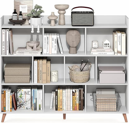 Furinno Claude Book Shelf, 10-Cube Mid Century Style Bookshelf, Bookcase, Storage Organizer with Wood Legs, 9.4" x 55.1" x 45.1", for Living Room, Bedroom, Home Office, White