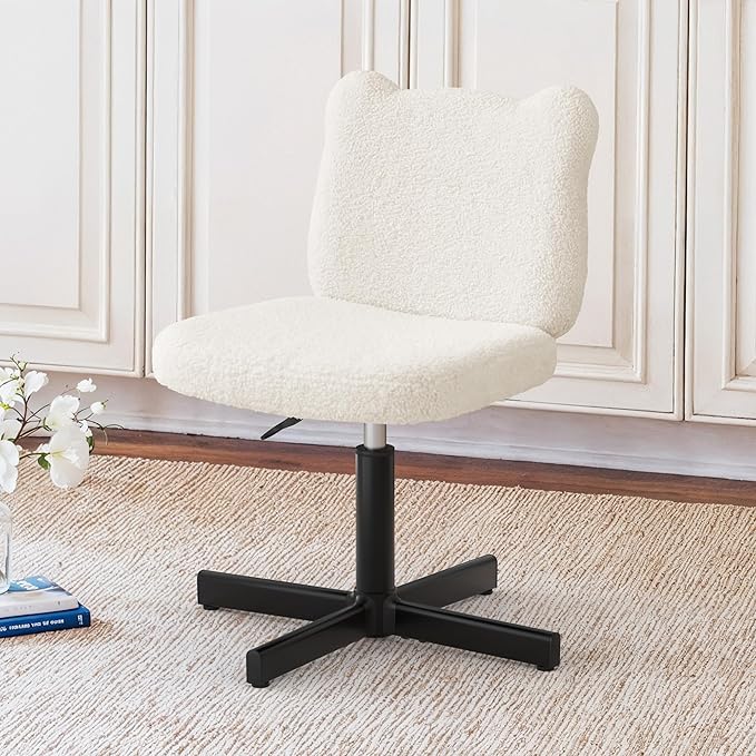 LUE BONA Adjustable Vanity Stool Chair with Girly Bear Ear Wide Back, 360° Swivel Vanity Stool for Makeup Room, Upholstered Teddy Velvet Ottoman for Girls, 350lbs, Beige